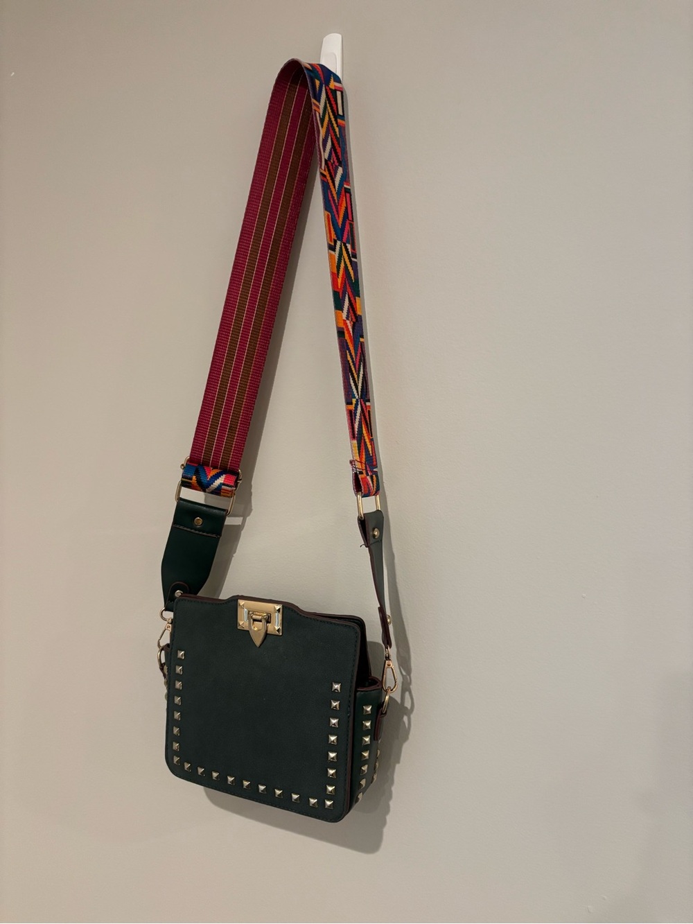 Dark Green Studded Crossbody Bag w/ Colorful Boho Guitar Starp